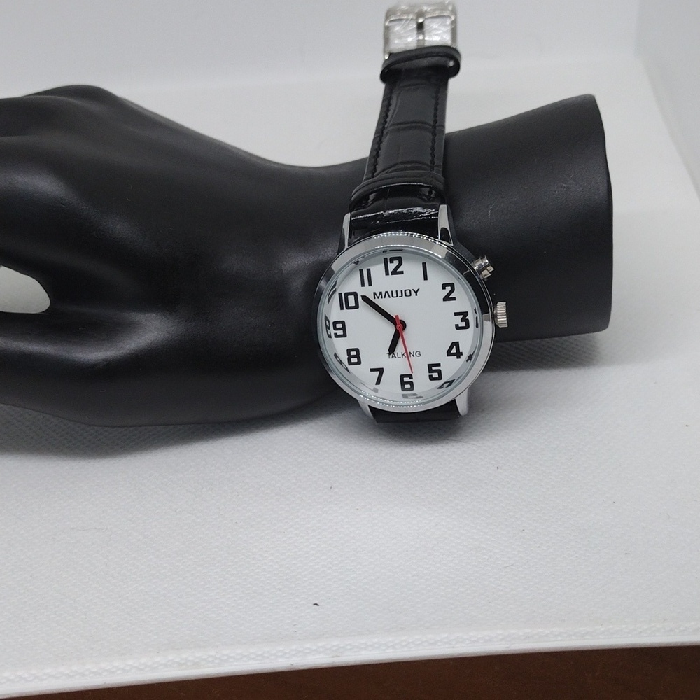 MAUJOY Low Vision Analog Talking Watch – Black Leather Strap, NWT